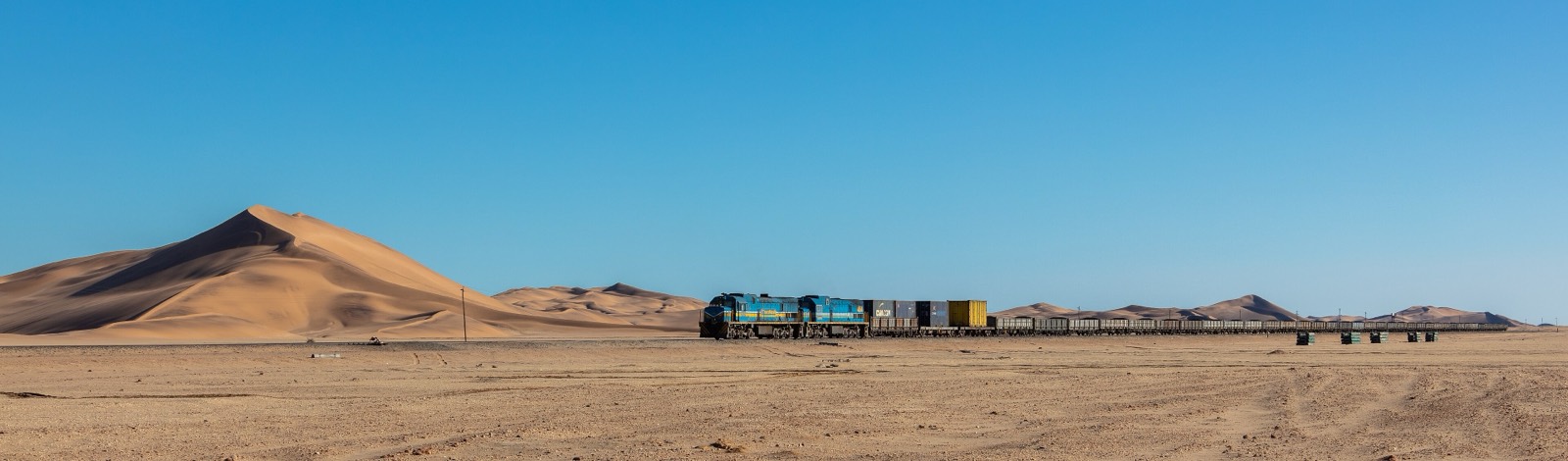 Freight train crossing the Namib desert towards Walvis Bay